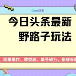头条最新野路子玩法，无成本简单上手，无脑操作，新手单号过W