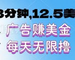 3分钟，12.5美刀，广告赚美金，每天无限撸