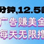 3分钟，12.5美刀，广告赚美金，每天无限撸