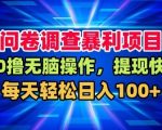 问卷调查暴利项目，0撸无脑操作，提现快，每天轻松日入100+【揭秘】
