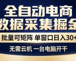 全自动电商数据集掘金，批量可矩阵，单窗口日入30+，无需云机，一台电脑开干【揭秘】