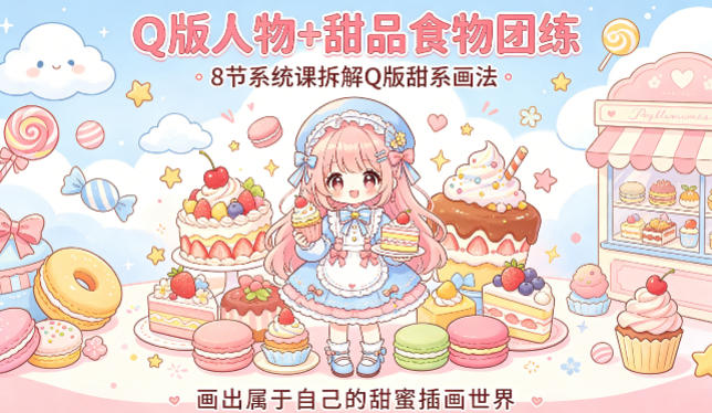 Q版人物+甜品食物团练,8节系统课拆解Q版甜系画法,画出属于自己的甜蜜插画世界