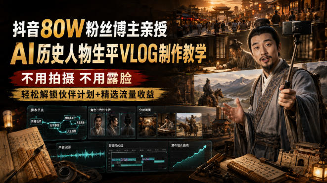 抖音80W粉丝博主的AI历史人物生平VLOG教学,不用拍摄不用露脸,AI帮你搞定,轻松解锁伙伴计划+精选收益