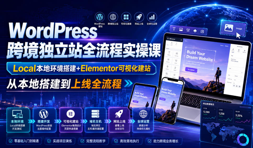WordPress跨境独立站全流程实操课|Local本地环境搭建+Elementor可视化建站,从本地搭建到上线全流程