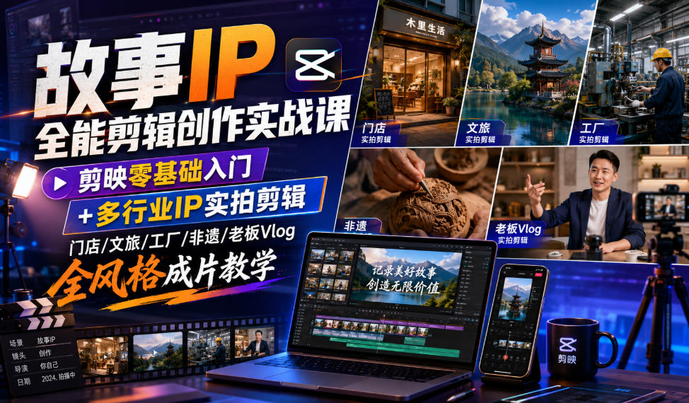 故事IP全能剪辑创作实战课|剪映零基础入门+多行业IP实拍剪辑,门店/文旅/工厂/非遗/老板Vlog全风格成片教学
