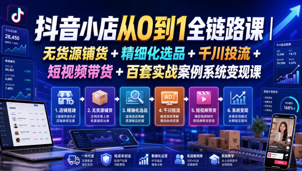 抖音小店从0到1全链路课|无货源铺货+精细化选品+千川投流+短视频带货+百套实战案例系统变现课(2026年7月更新)