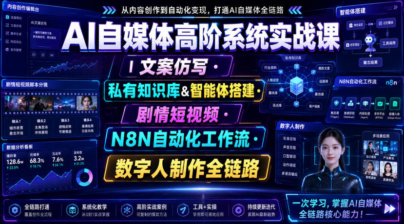 AI自媒体高阶系统实战课|文案仿写・私有知识库&智能体搭建・剧情短视频・N8N自动化工作流・数字人制作全链路