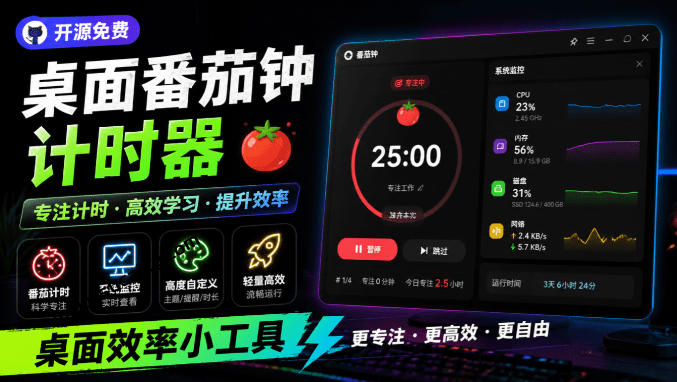仅1.16MB，开源极简的桌面时钟、番茄钟计时器，还支持系统监控显示，桌面效率小工具Catime