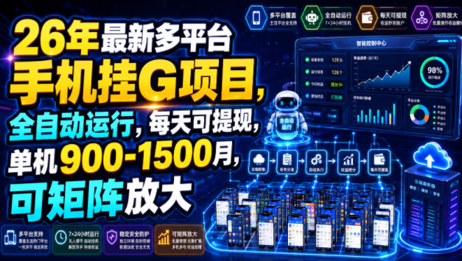 26年最新多平台手机挂G项目,全自动运行,每天可提现,单机900-1500月,可矩阵放大【揭秘】