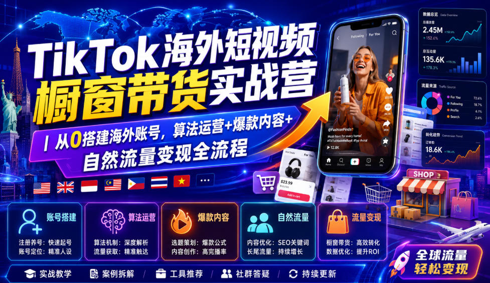 TikTok海外短视频橱窗带货实战营|从0搭建海外账号,算法运营+爆款内容+自然流量变现全流程