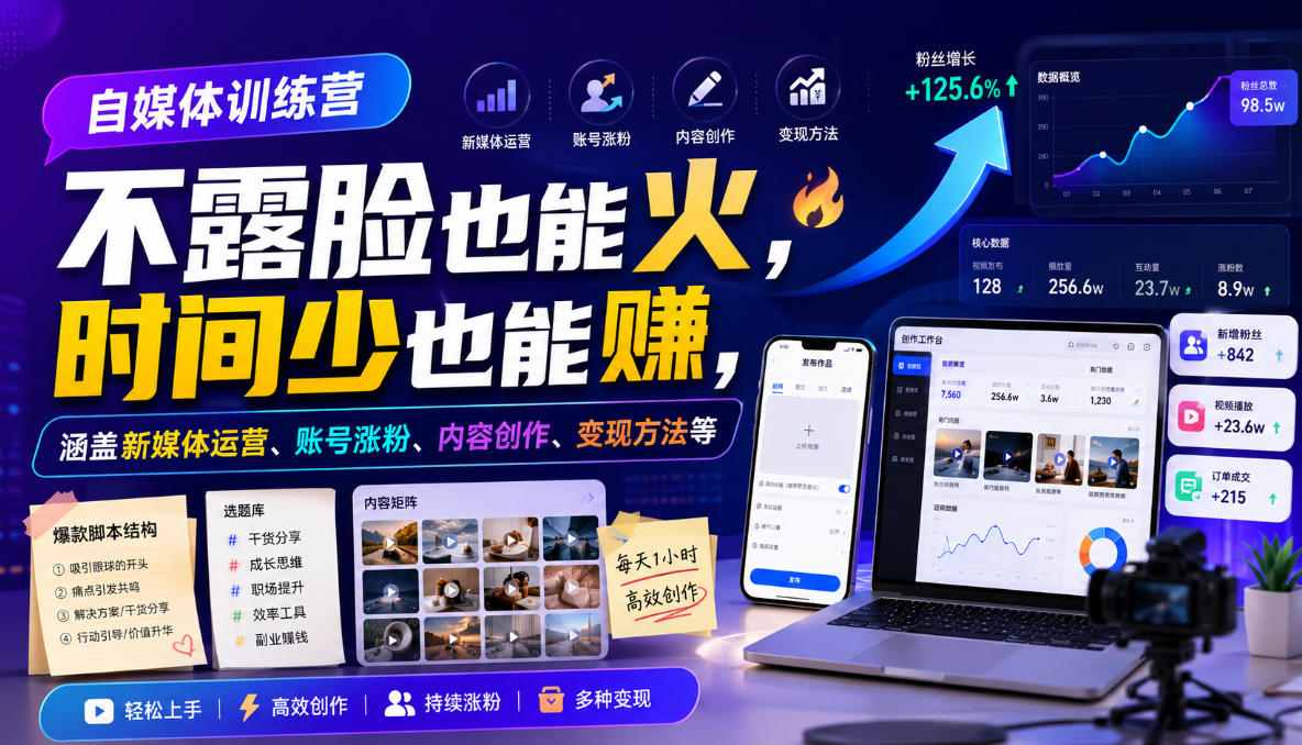自媒体训练营，不露脸也能火，时间少也能賺，涵盖新媒体运营、账号涨粉、内容创作、变现方法等