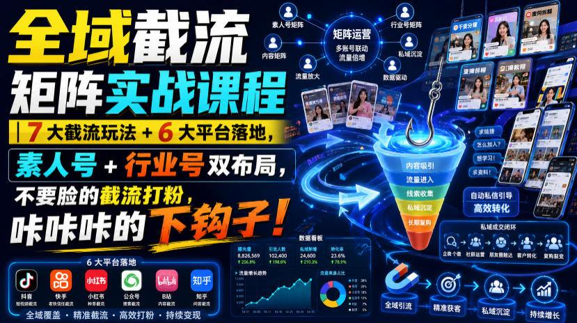 全域截流矩阵实战课程|7大截流玩法+6大平台落地,素人号+行业号双布局,不要脸的截流打粉,咔咔咔的下钩子!