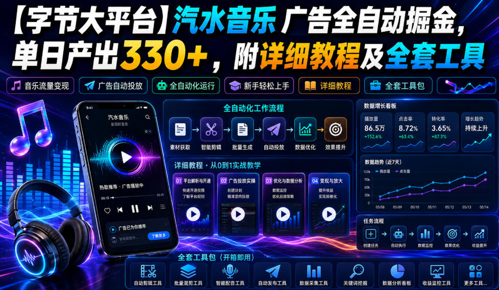 【字节大平台】汽水音乐广告全自动掘金，单日产出330+，附详细教程及全套工具【揭秘】